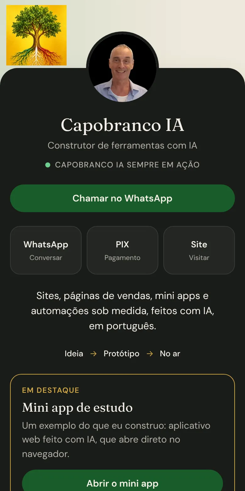 Topo da carteira digital Capobranco IA: foto, nome, botões de WhatsApp, Pix e site.