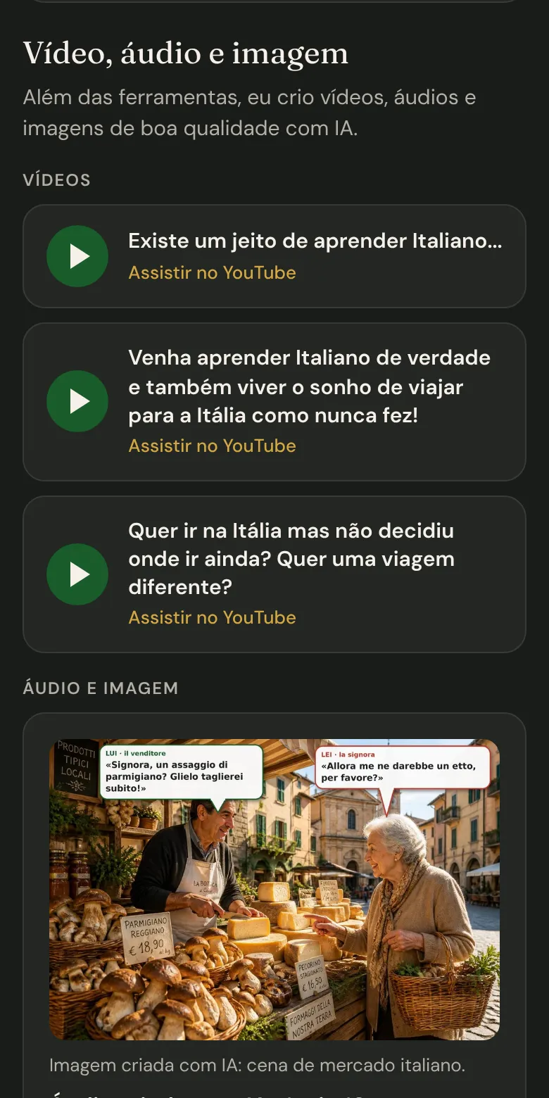 Seção de vídeo, áudio e imagem com links de vídeos, uma ilustração e um player de áudio.