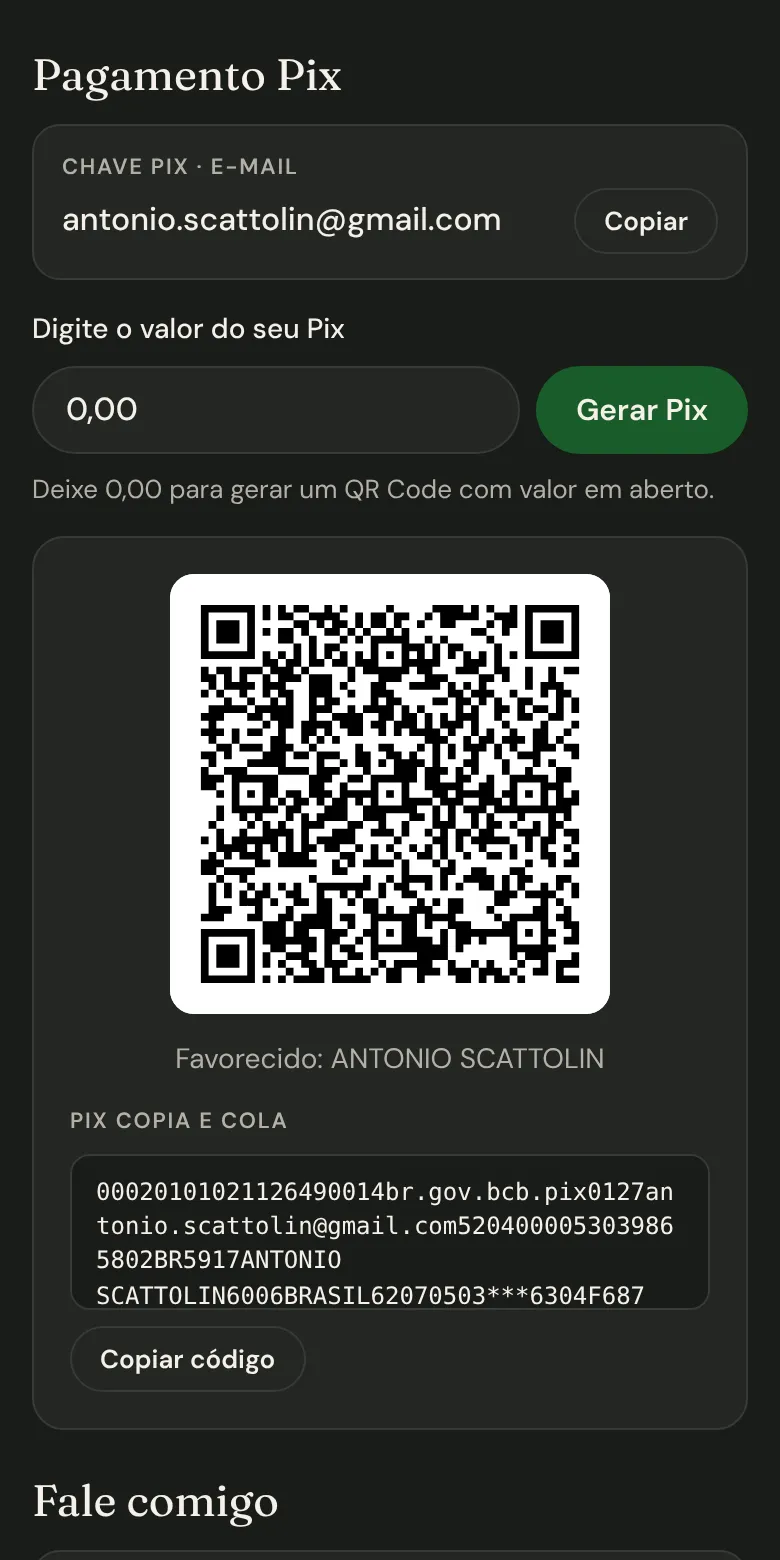 Seção de pagamento Pix com campo de valor, QR Code e código copia e cola.